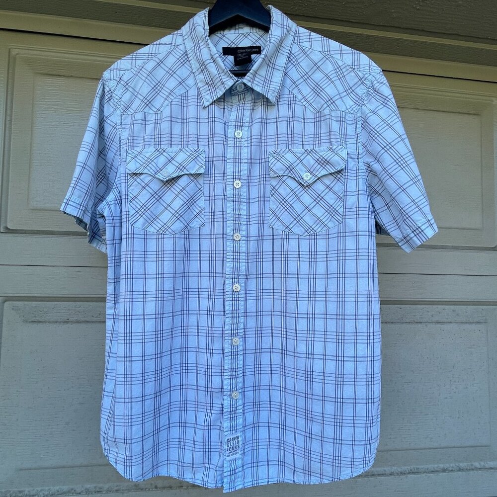 Calvin Klein Jeans Shirt Medium Blue Green Plaid 100% Cotton Slim Modern Fit